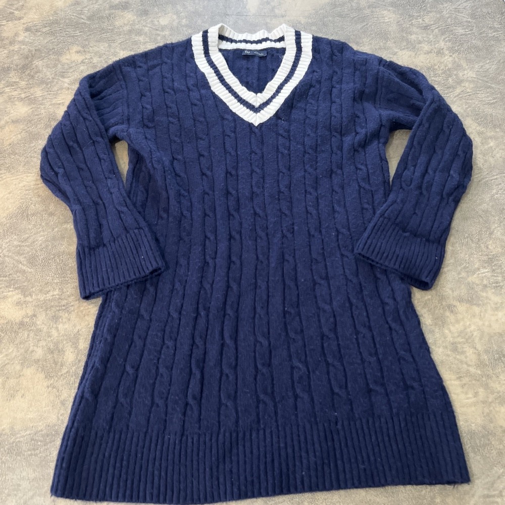 Gap Sweater Women's SP LS V-Neck Varsity Cable‎ Knit Navy Uniform Tennis Collar